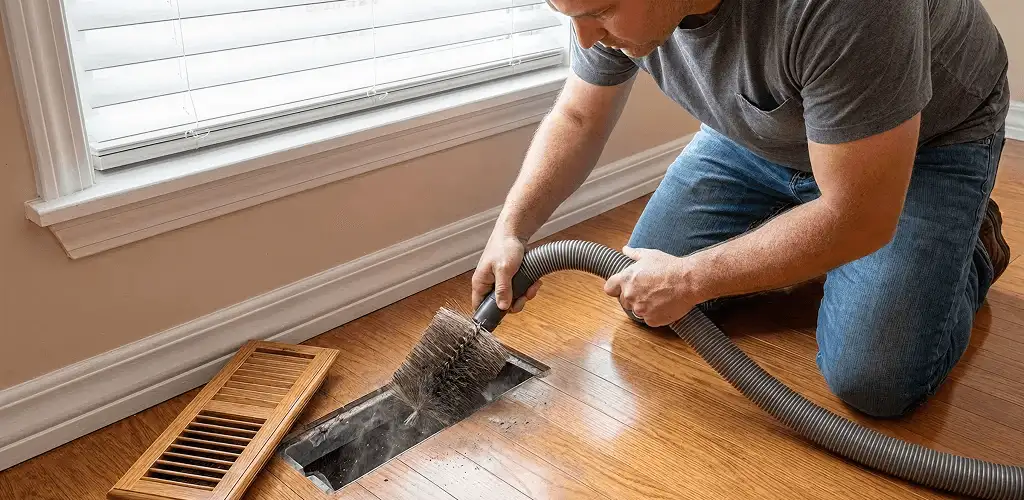 Air duct cleaning technician vacuuming a floor vent and duct opening in Kansas City, MO