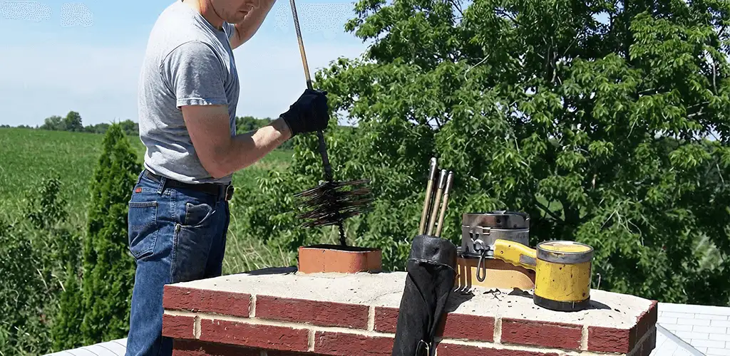 Chimney cleaning technician working on a rooftop chimney with professional tools in Kansas City, MO