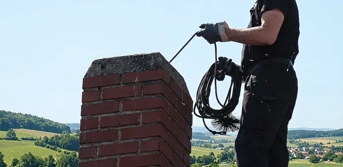 Chimney sweep inspecting and cleaning a rooftop chimney in Kansas City, MO