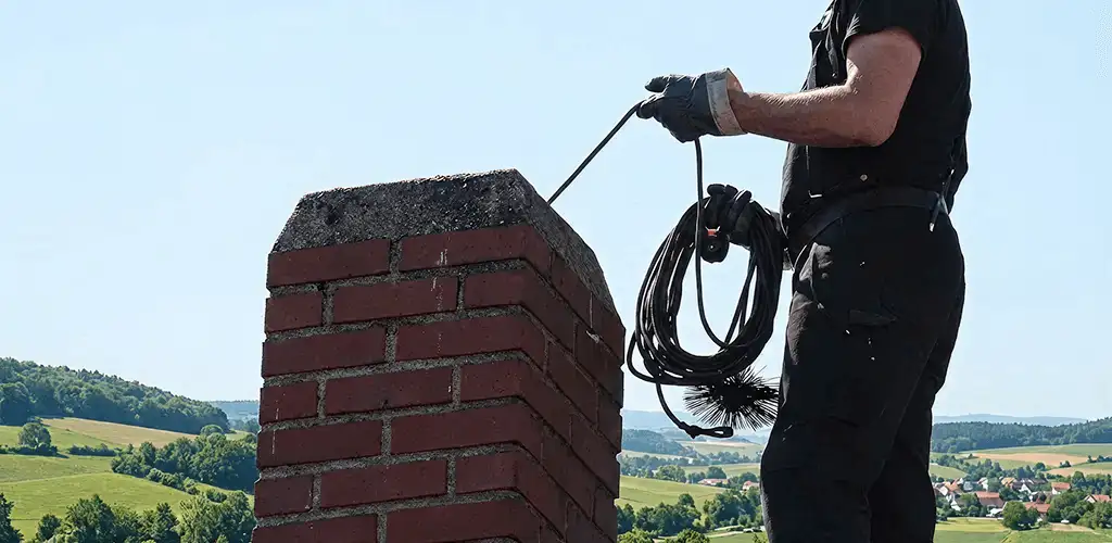 Chimney sweep inspecting and cleaning a rooftop chimney in Kansas City, MO