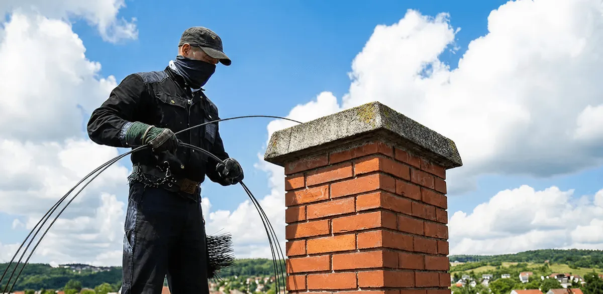 Chimney sweep cleaning a brick chimney with professional tools in Kansas City, MO