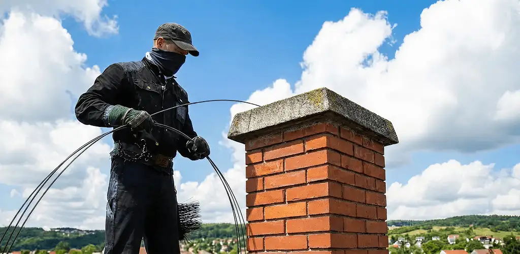 Chimney sweep cleaning a brick chimney with professional tools in Kansas City, MO