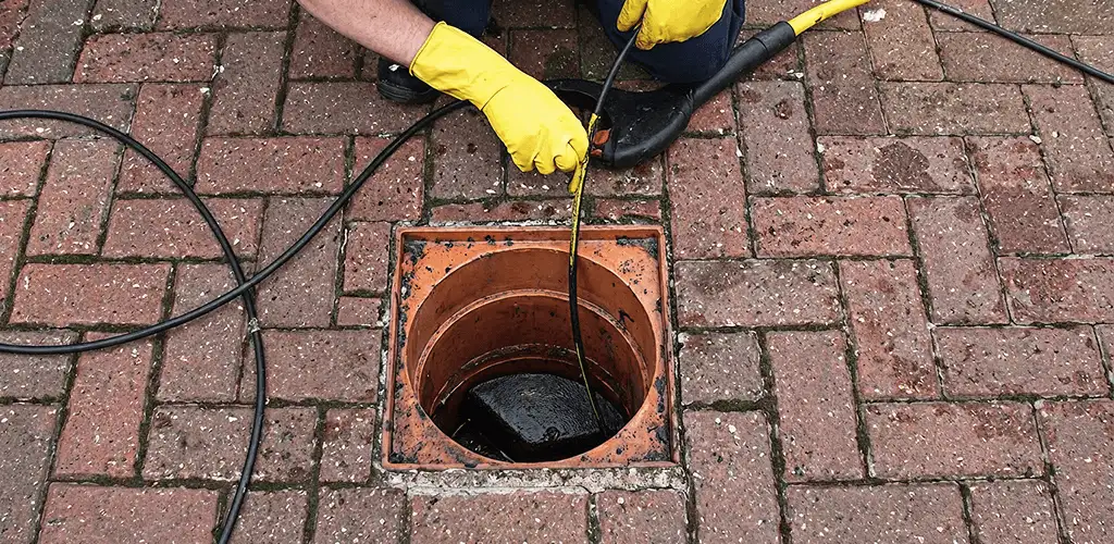 Drain cleaning technician using a drain snake to clear a clogged drain in Kansas City, MO