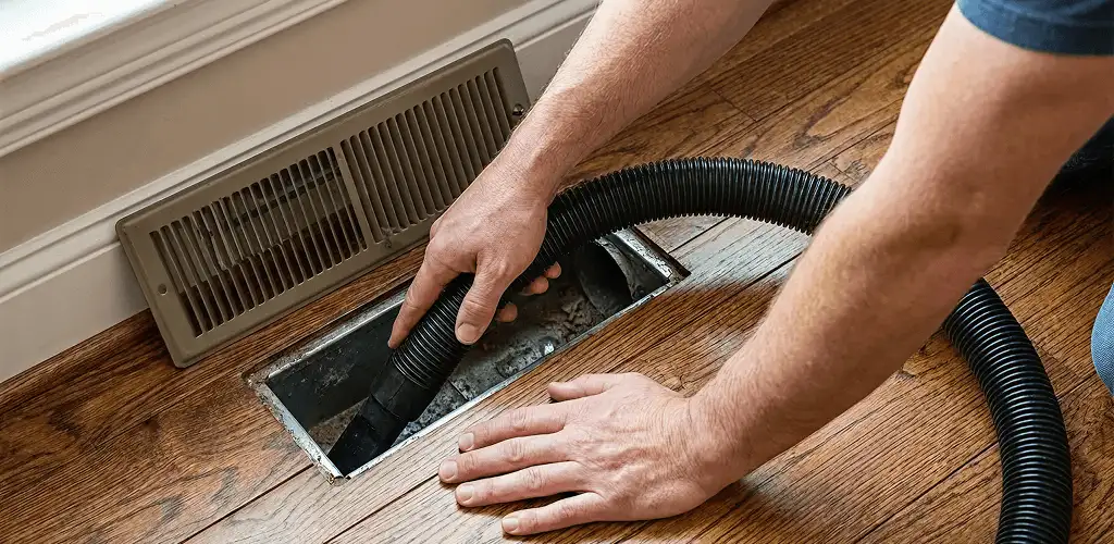 Air duct cleaning technician vacuuming a floor register and duct opening in Kansas City, MO