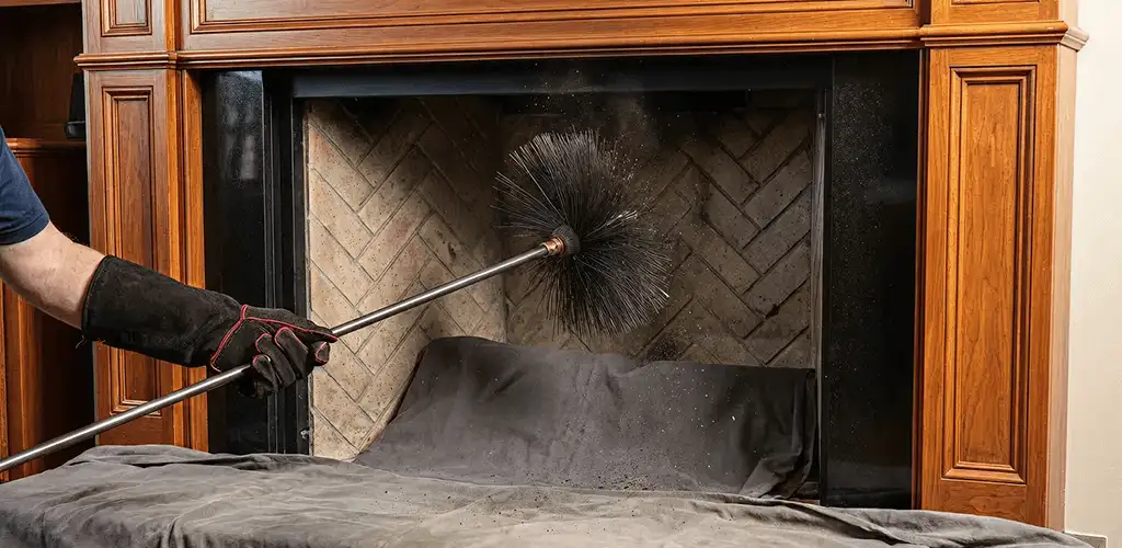 Chimney cleaning service brushing soot from a fireplace and flue in Kansas City, MO