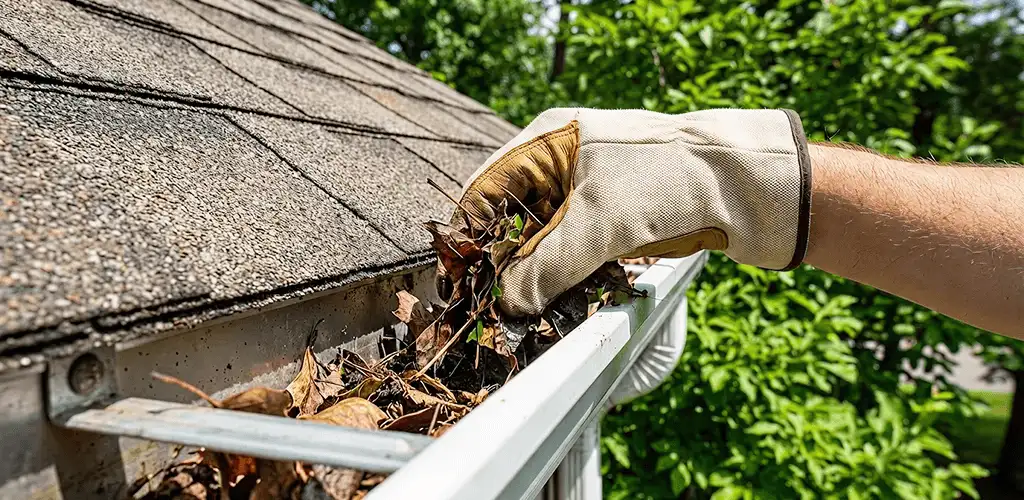 Gutter cleaning removing leaves and debris from roof gutters in Kansas City, MO