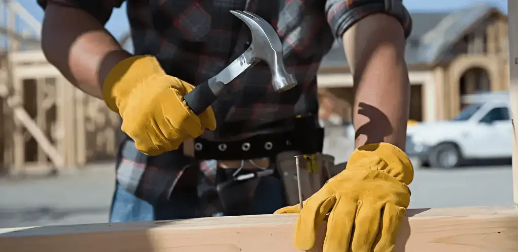 Handyman fixing wood trim with a hammer for home repairs in Kansas City, MO