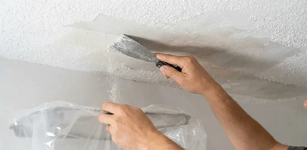 Popcorn ceiling removal technician scraping texture from a ceiling in Kansas City, MO