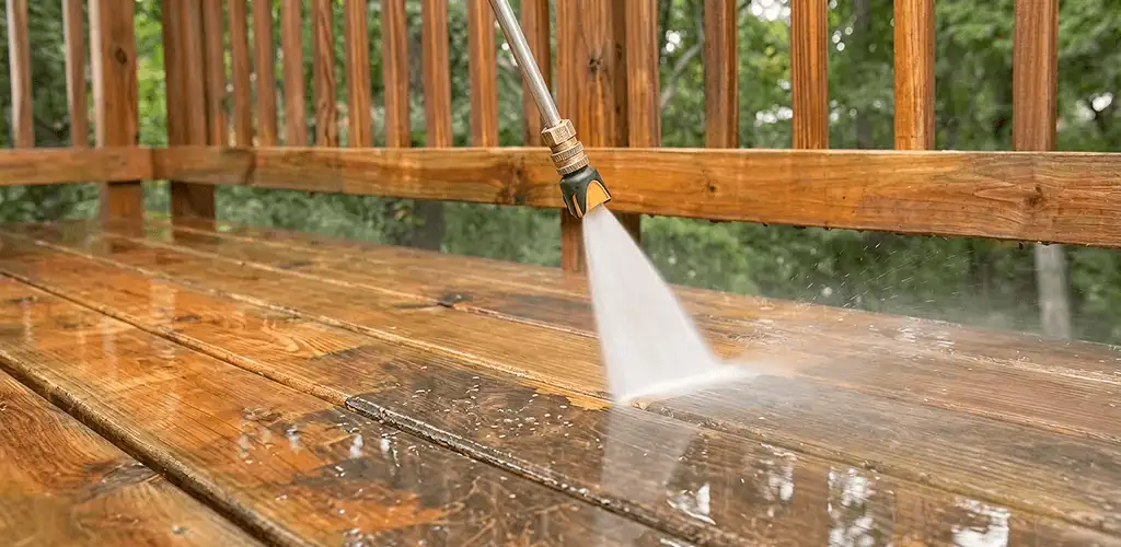 Pressure washing a wood deck to remove dirt and buildup in Kansas City, MO