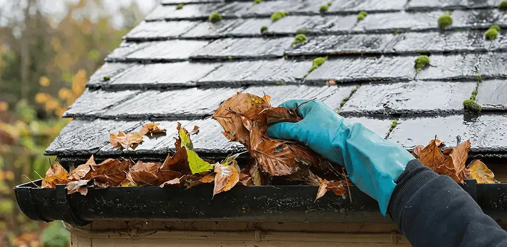 Gutter cleaning technician clearing wet leaves from roof gutters in Kansas City, MO
