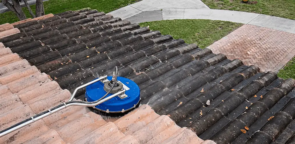 Roof pressure cleaning removing debris and buildup from roof tiles in Kansas City, MO