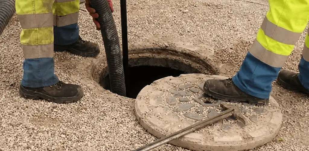 Drain cleaning crew clearing a sewer access point with professional equipment in Kansas City, MO