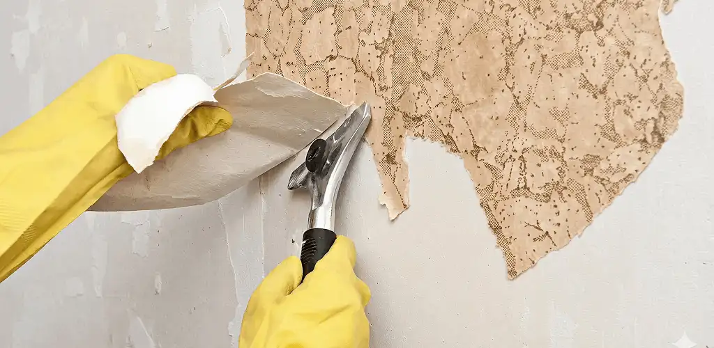 Wallpaper removal service stripping old wallpaper from a wall in Kansas City, MO